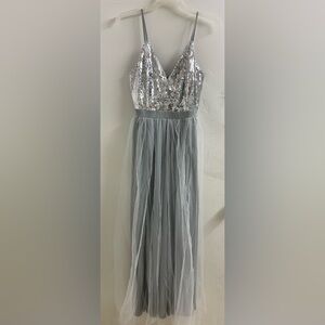 Elegant Silver Sequin Evening Dress